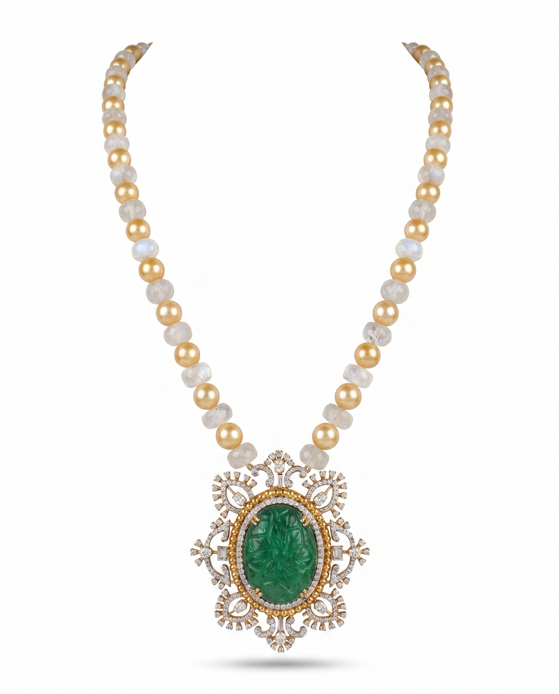 Opalescent Bead Carved Green Medallion Necklace