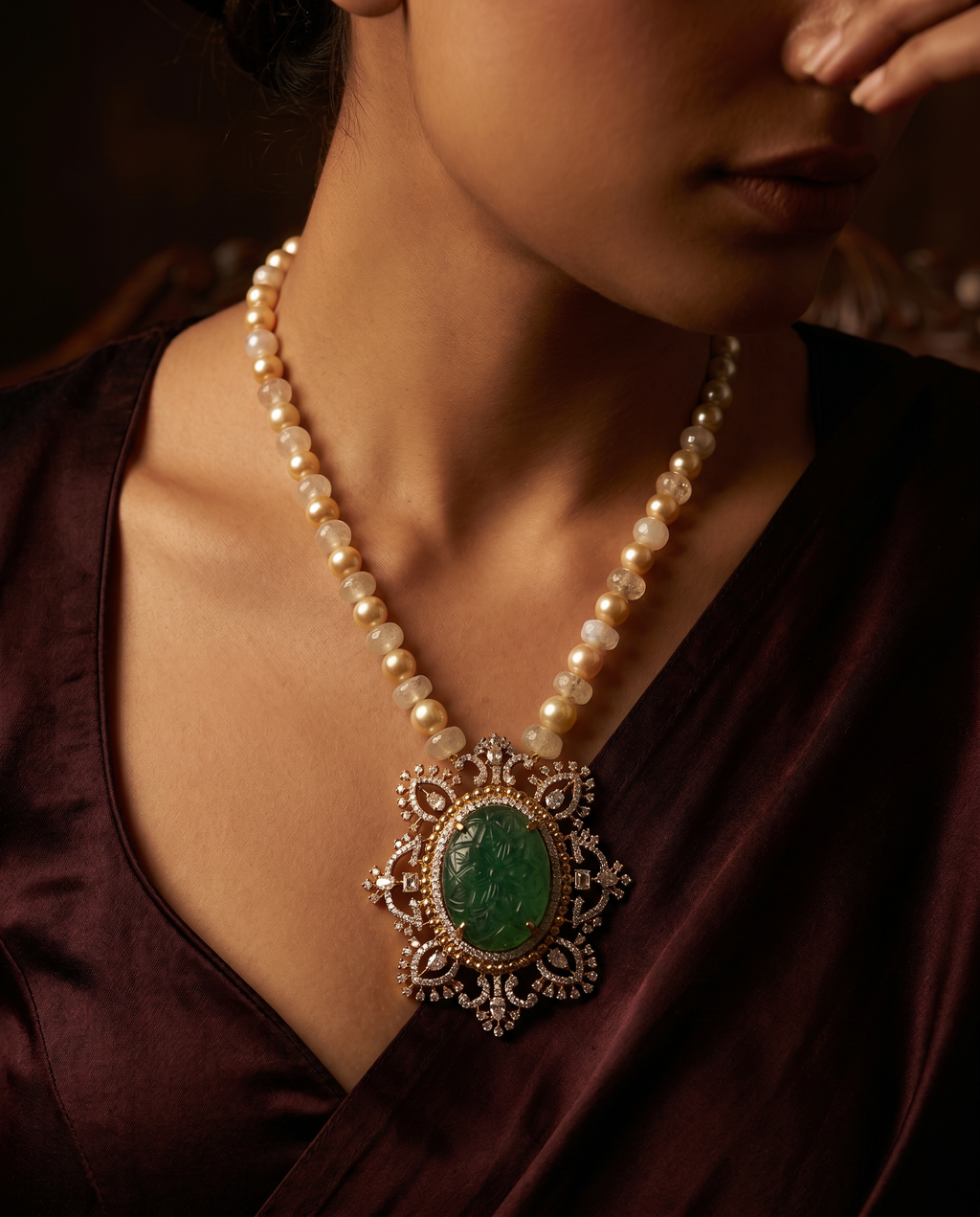Opalescent Bead Carved Green Medallion Necklace
