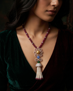 Crimson Bead Floral Tassel Necklace