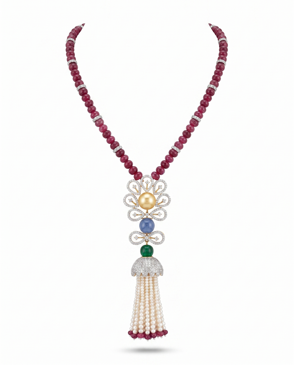 Crimson Bead Floral Tassel Necklace