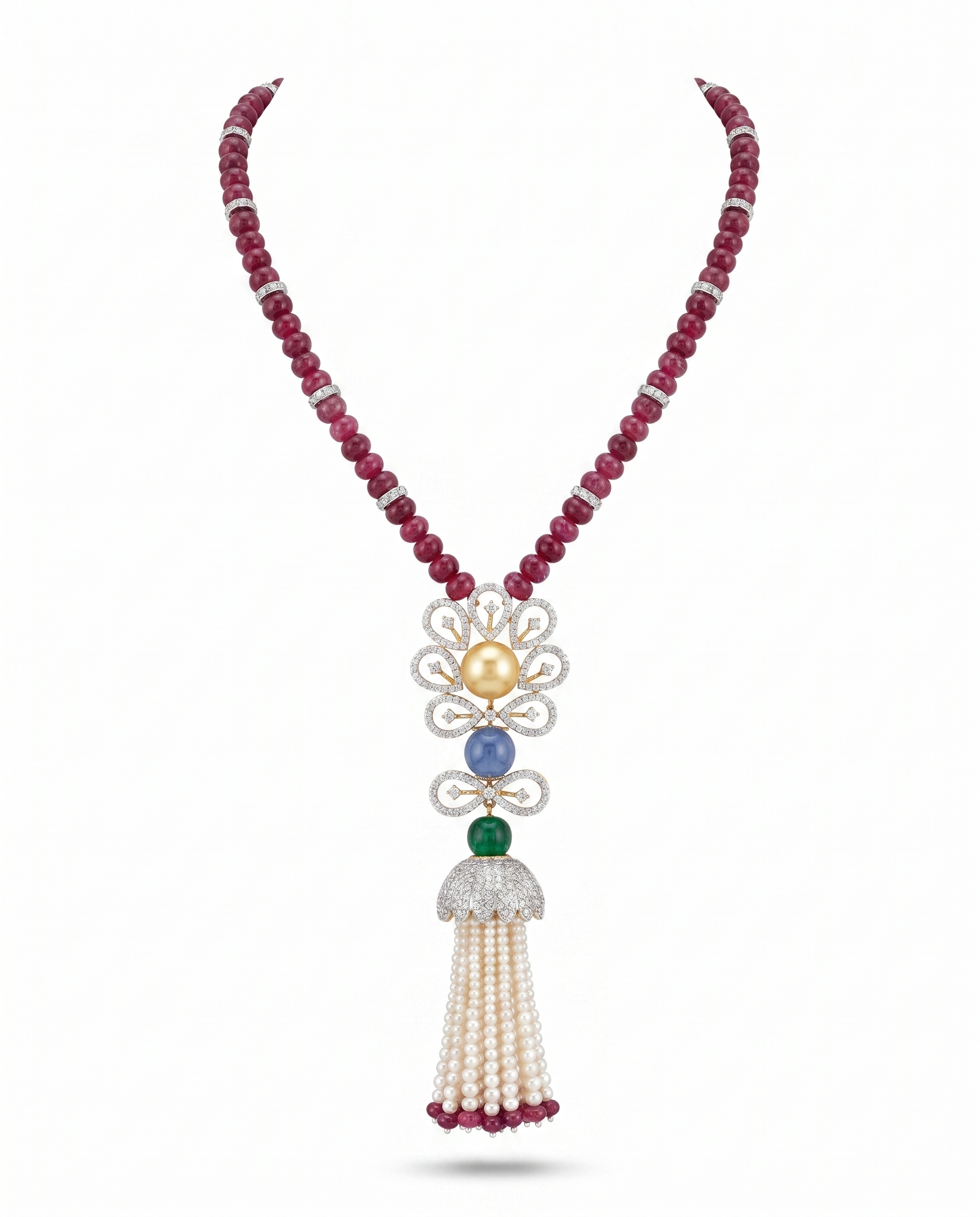 Crimson Bead Floral Tassel Necklace