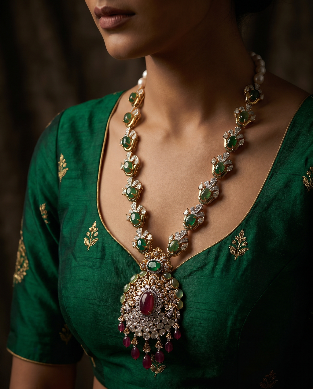 Blush Pearl Forest Green Pendant Necklace