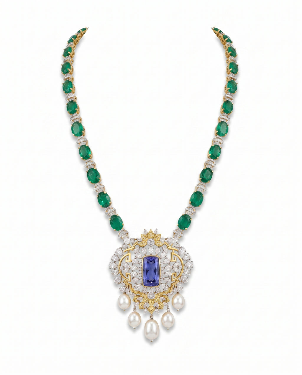 Forest Green Oval Chain Lavender Medallion Necklace