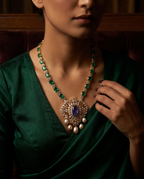 Forest Green Oval Chain Lavender Medallion Necklace