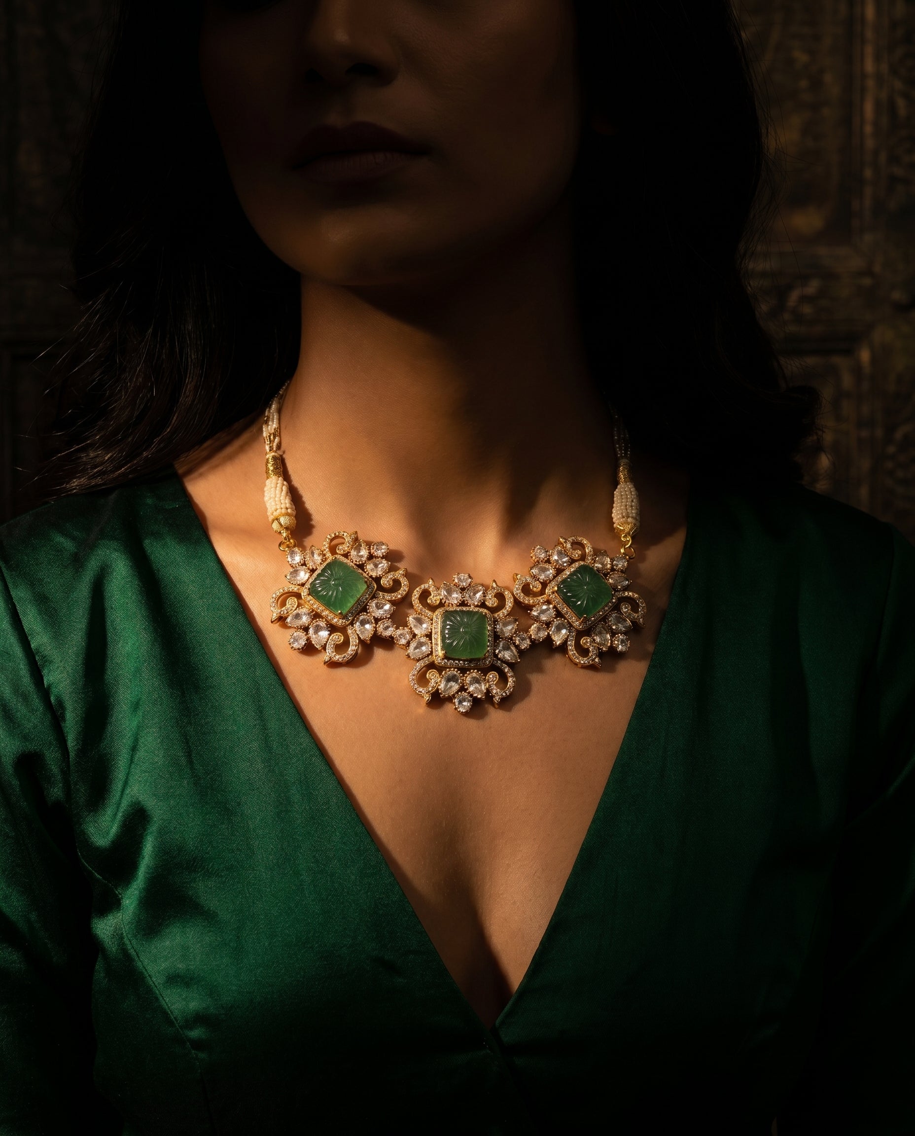 Triple Carved Stone Choker Necklace