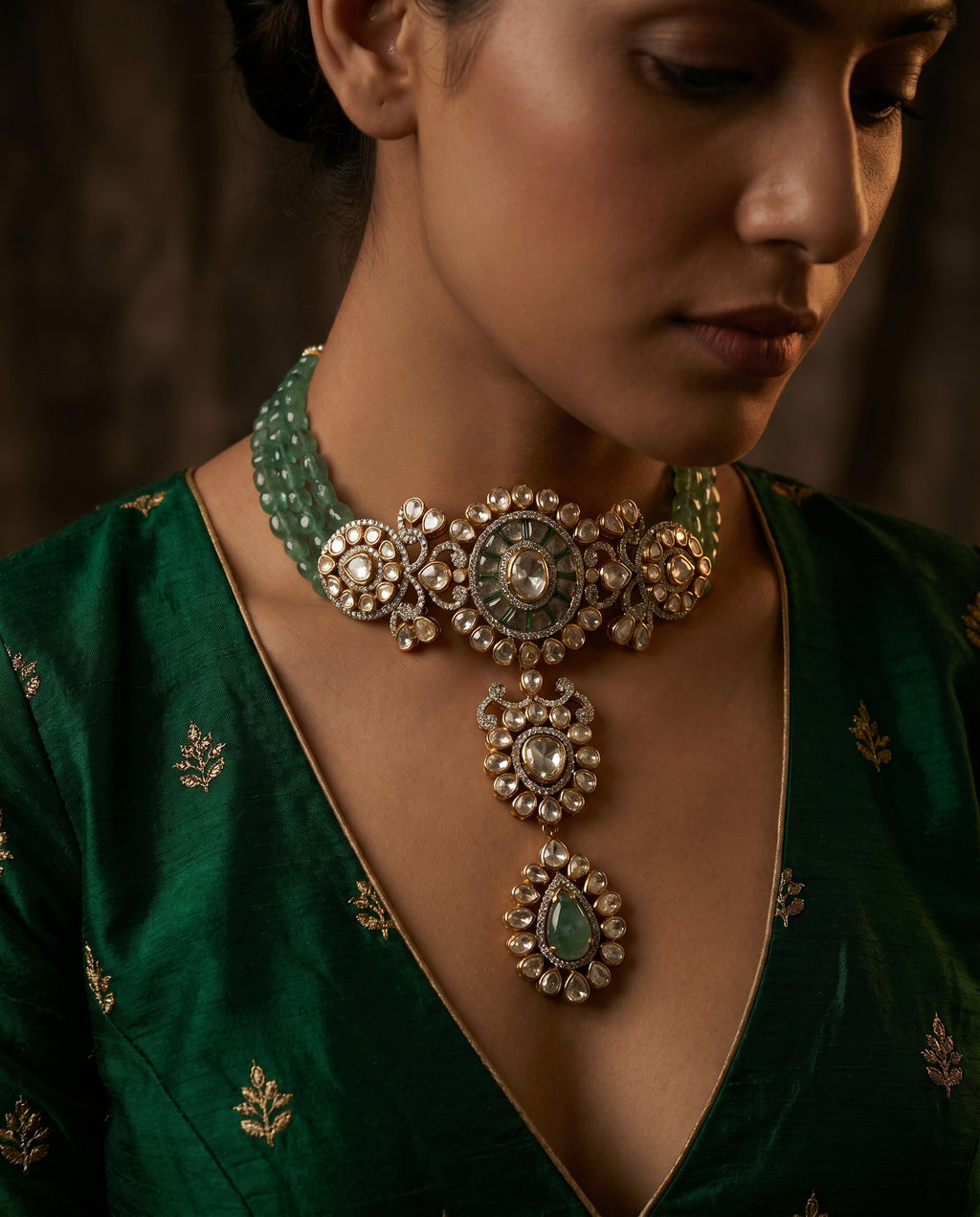Green Bead Pendant Drop Necklace