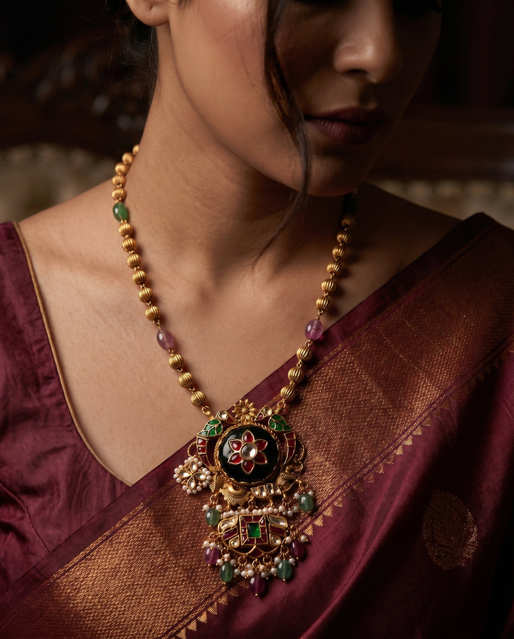 Fluted Bead Floral Pendant Necklace