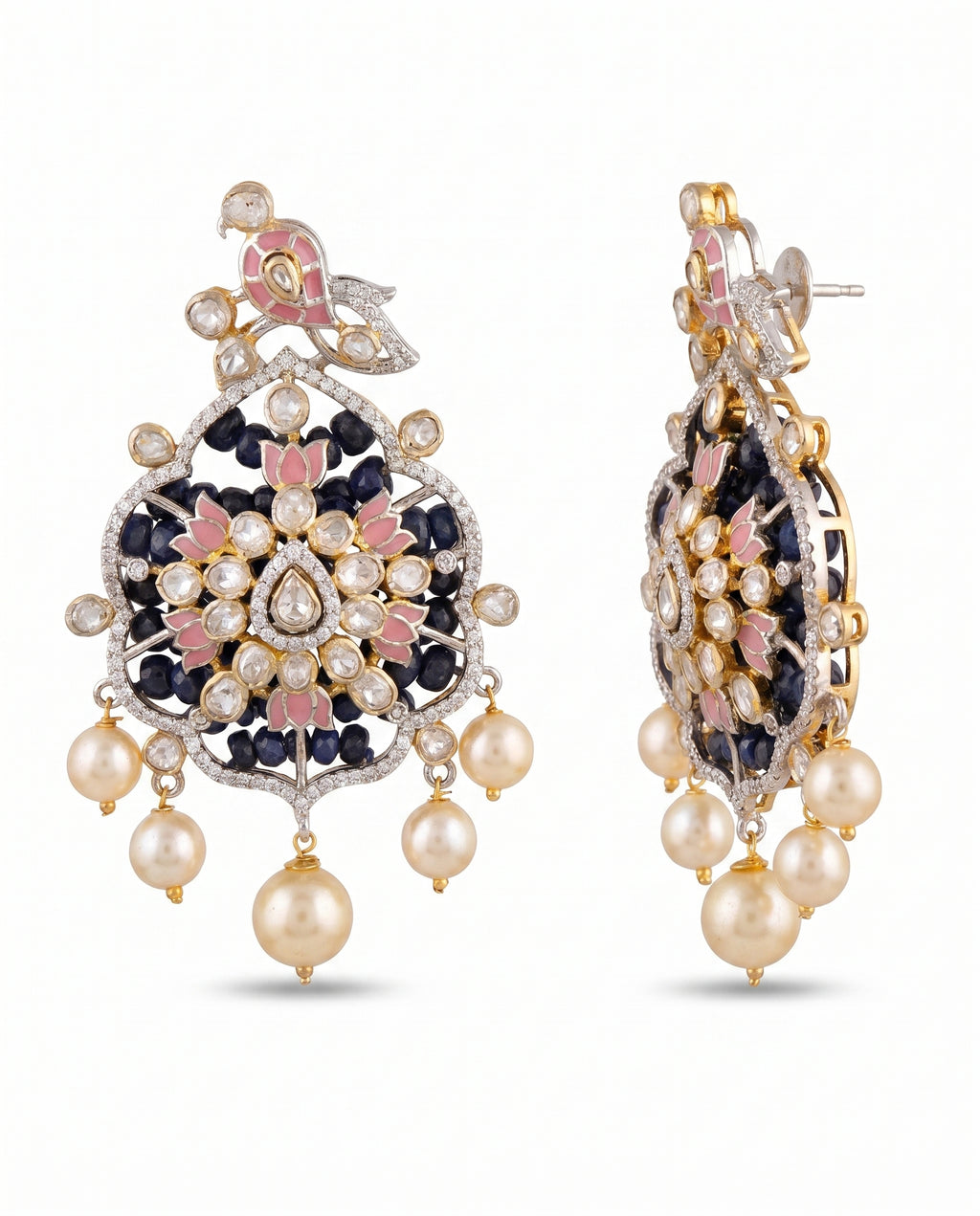 Peacock Kundan Sapphire Pearl Drop Earrings