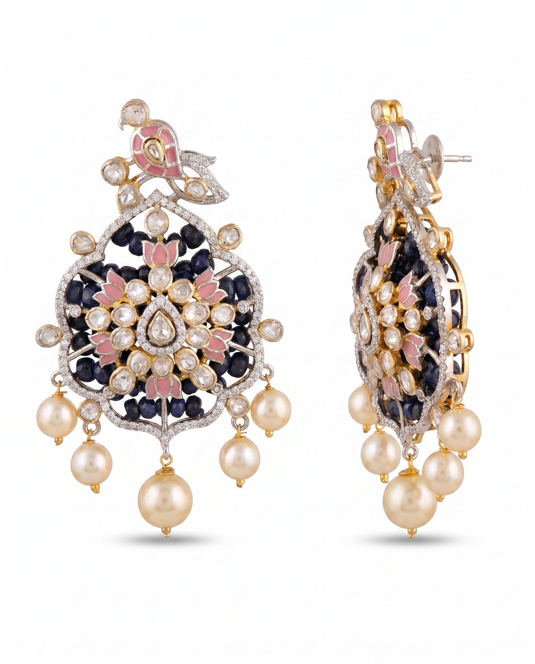 Peacock Kundan Sapphire Pearl Drop Earrings