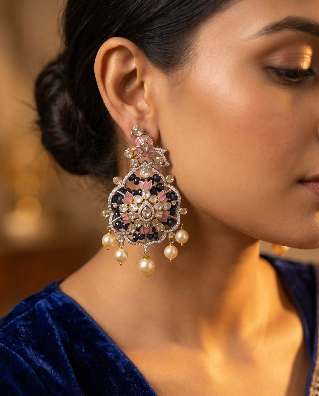 Peacock Kundan Sapphire Pearl Drop Earrings