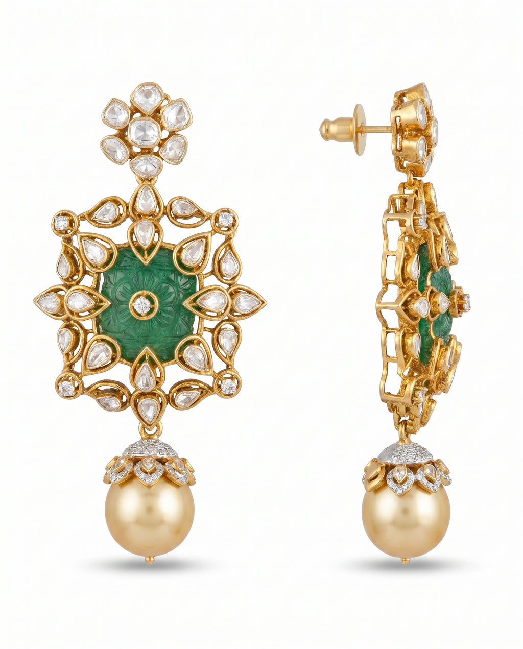 Carved  Kundan Golden Pearl Earrings