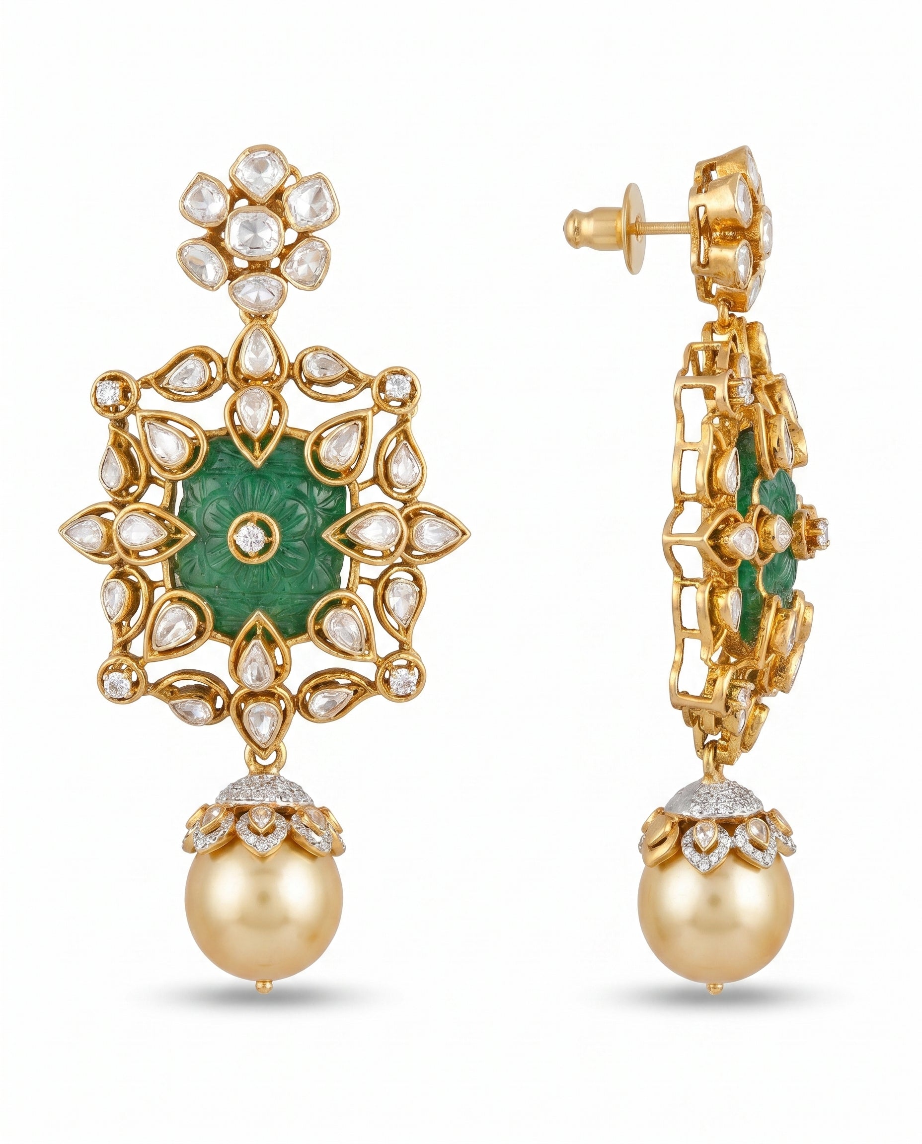 Carved  Kundan Golden Pearl Earrings