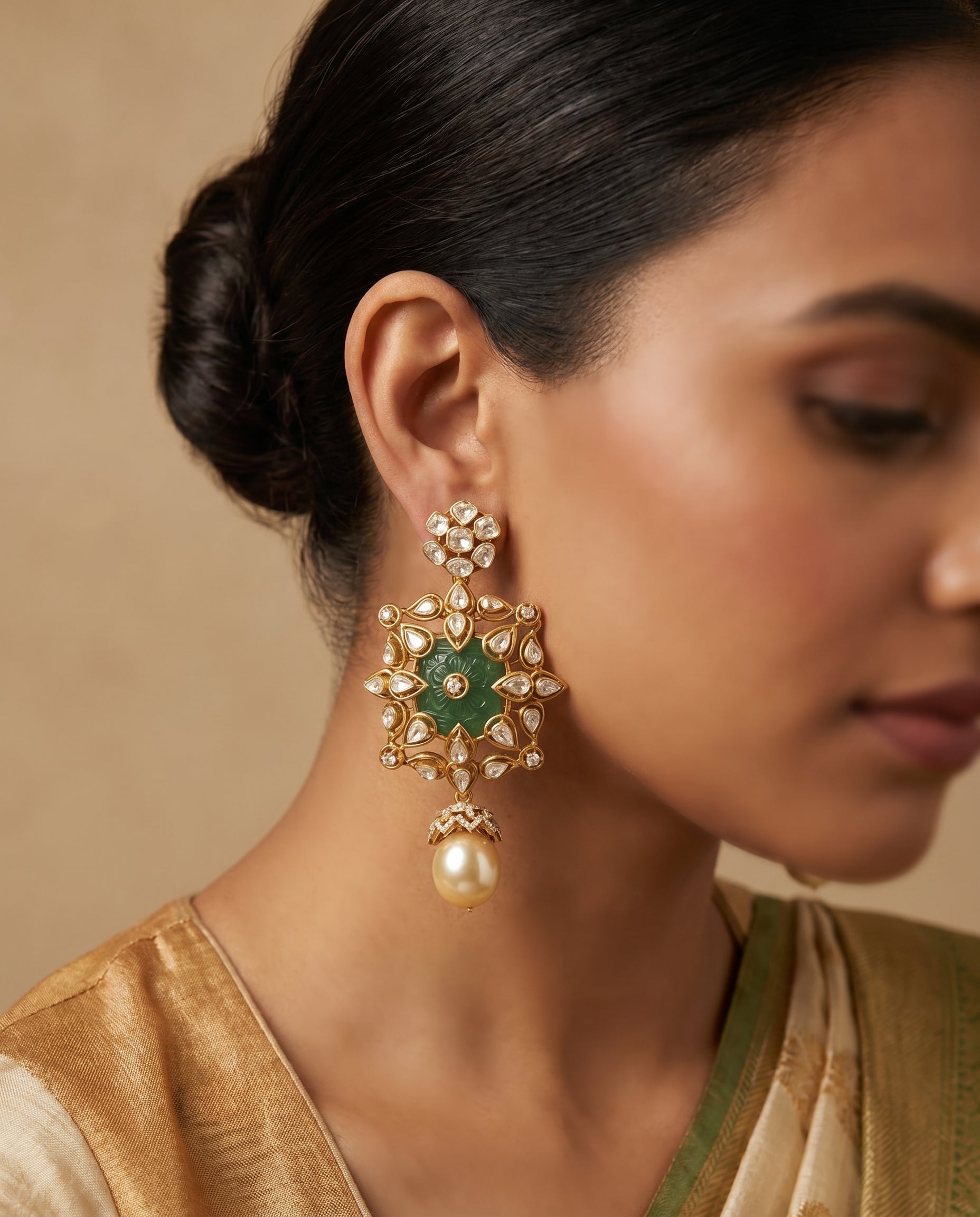Carved  Kundan Golden Pearl Earrings
