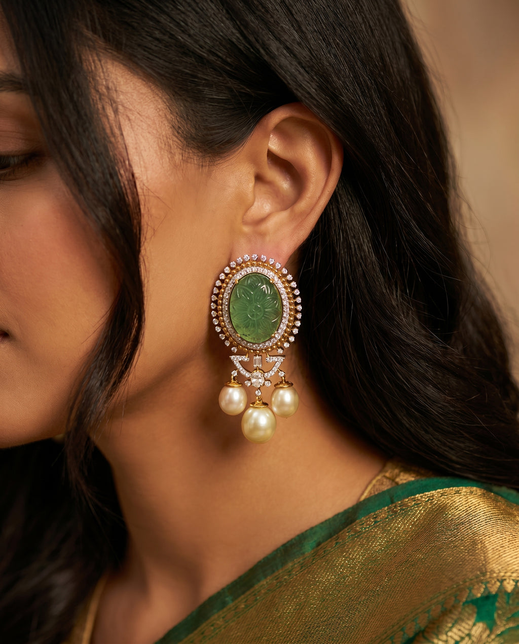 Carved Triple Pearl Drop Earrings