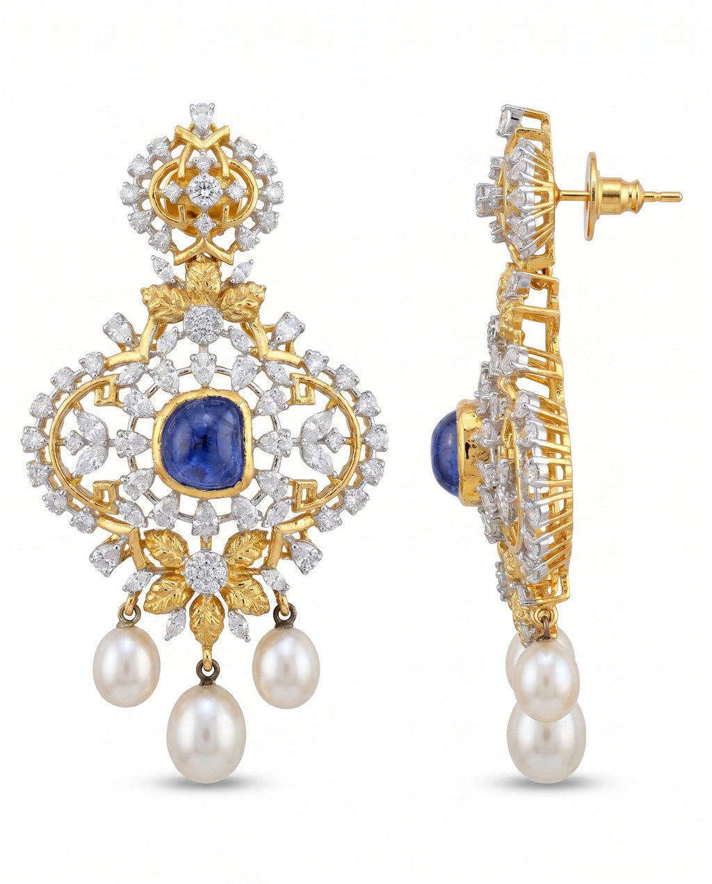 Cabochon Diamond Leaf Pearl Earrings