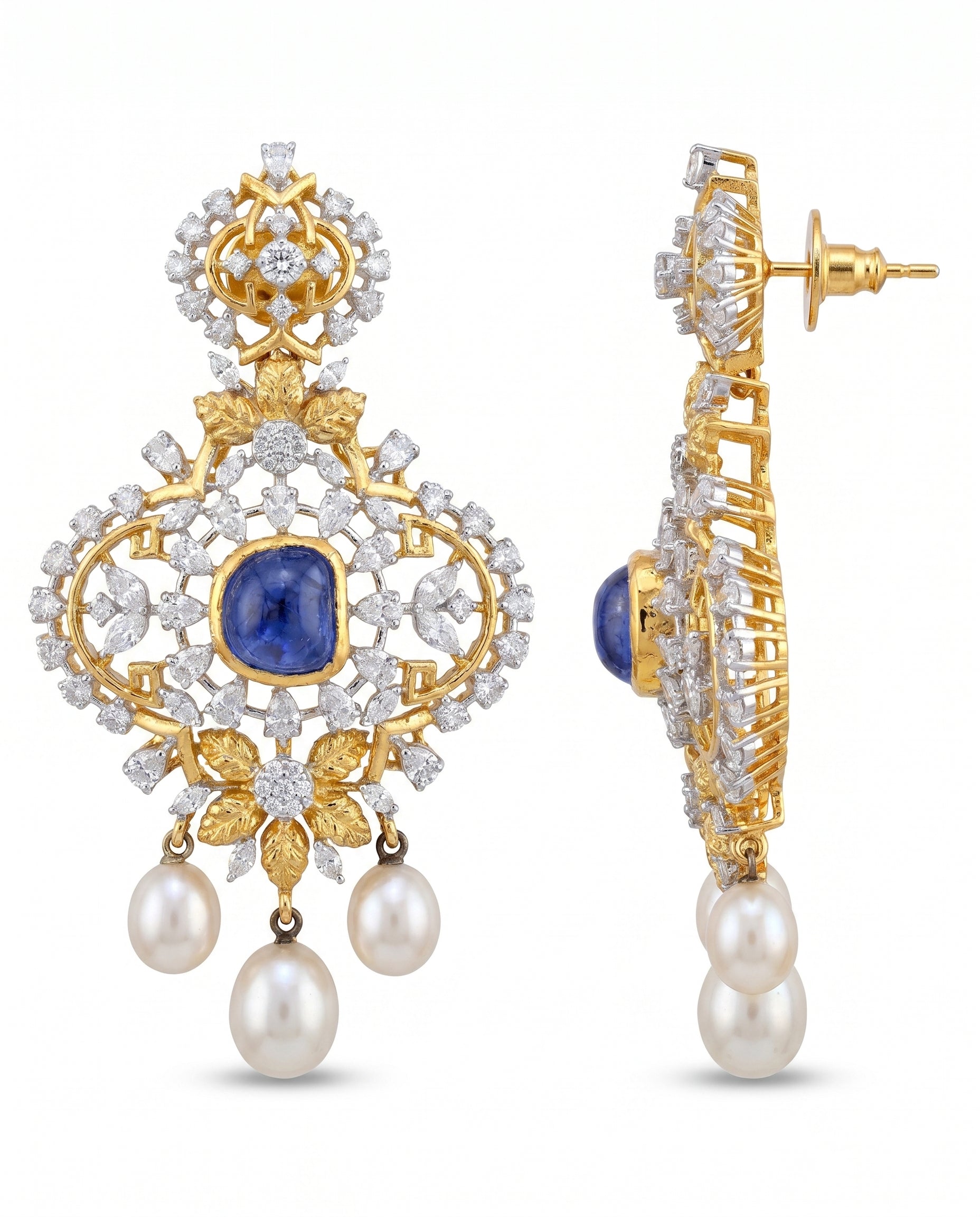 Cabochon Diamond Leaf Pearl Earrings