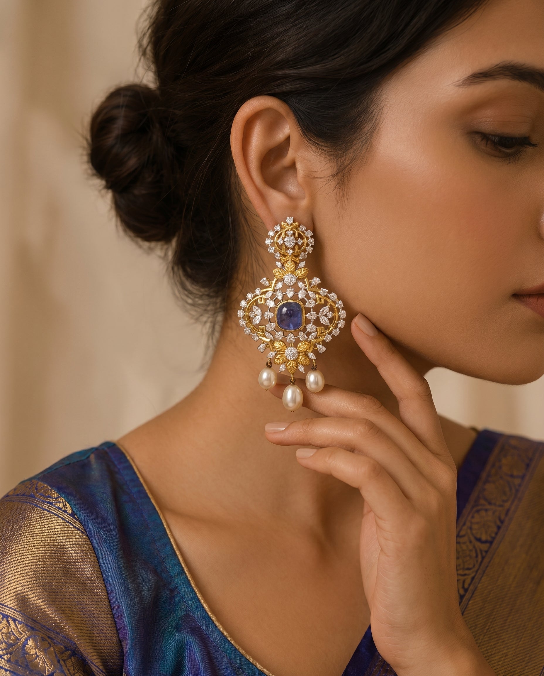 Cabochon Diamond Leaf Pearl Earrings