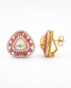 Triangular Ruby Halo Stud Earrings