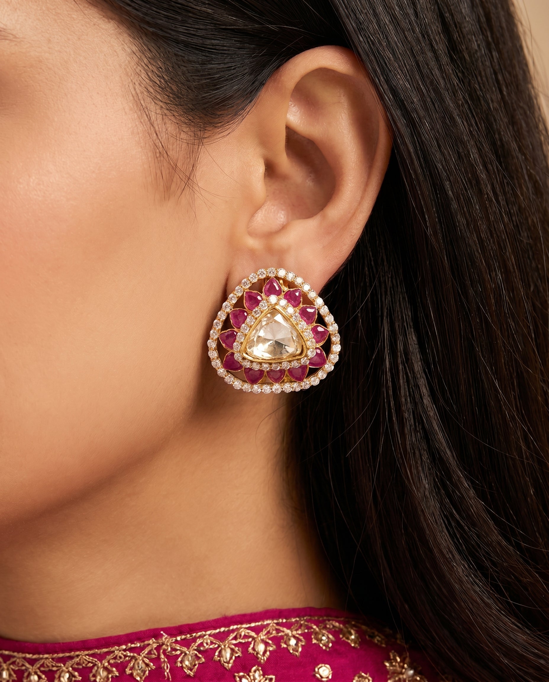 Triangular Ruby Halo Stud Earrings