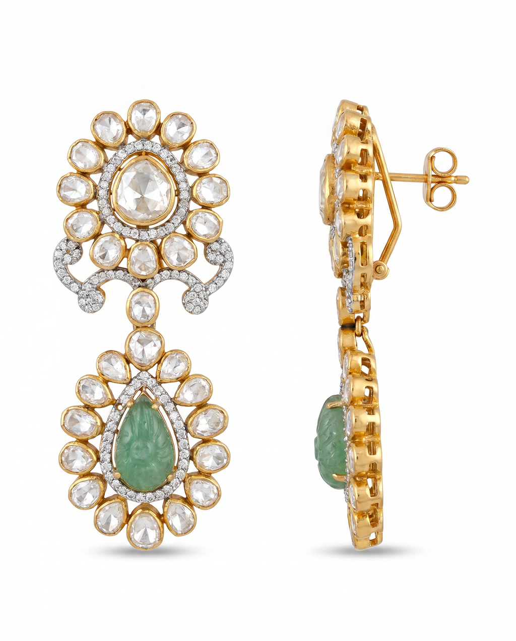 Double Drop  Carved Emerald Earrings