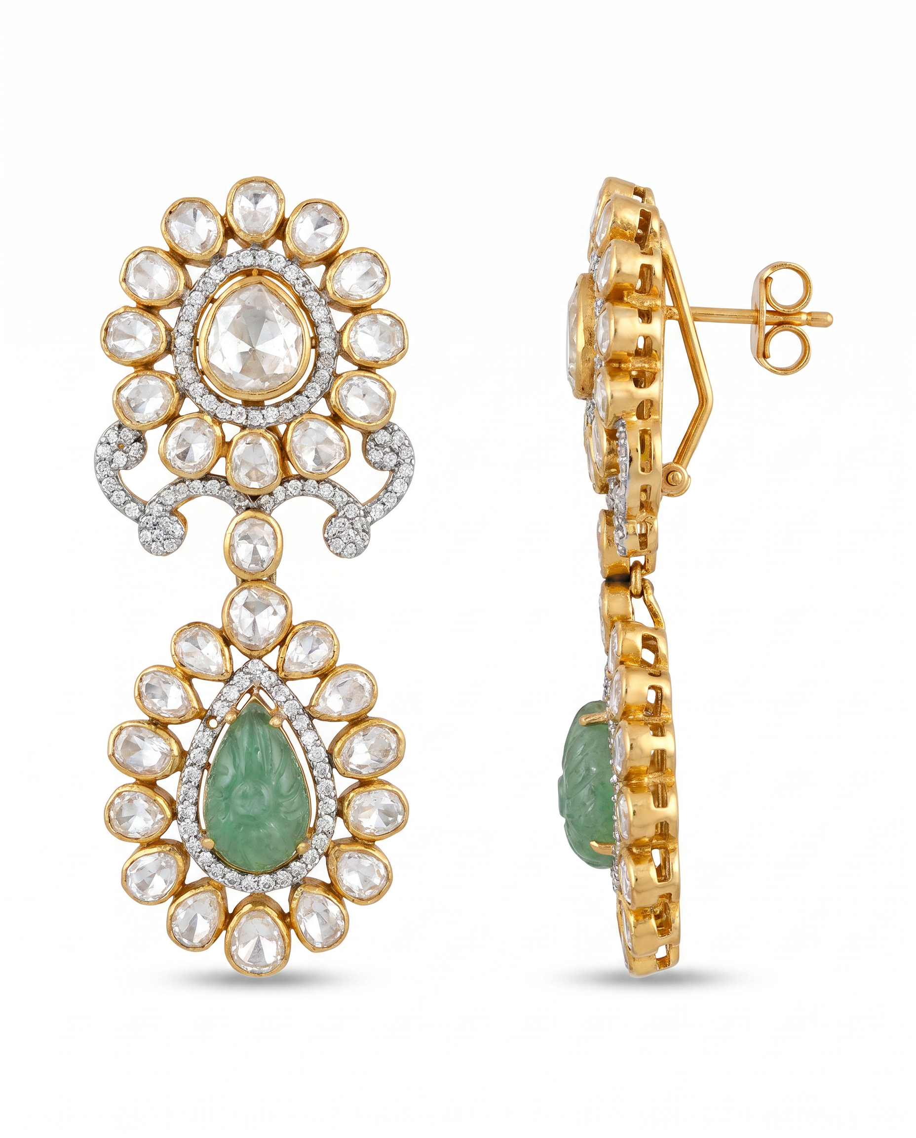 Double Drop  Carved Emerald Earrings