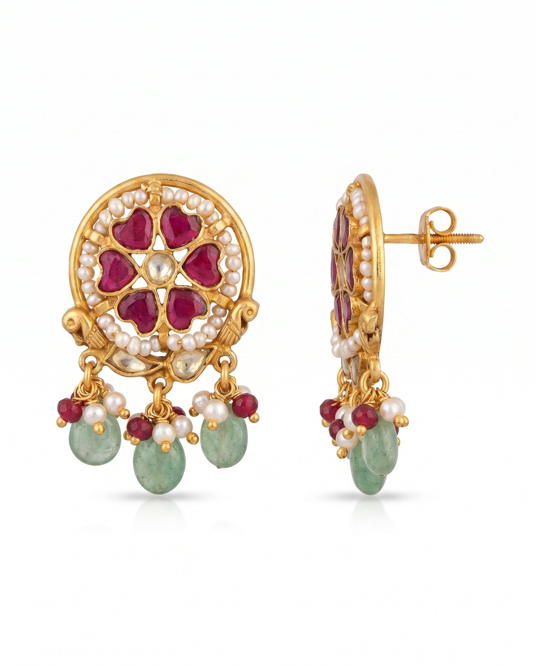 Floral Seed Pearl Emerald Drop Earrings
