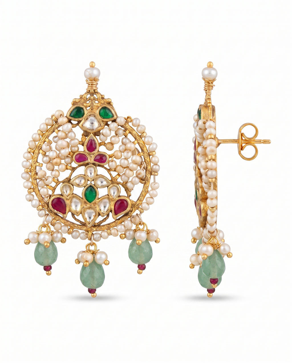 Kundan Pearl Disc Emerald Tassel Earrings