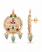 Kundan Pearl Disc Emerald Tassel Earrings