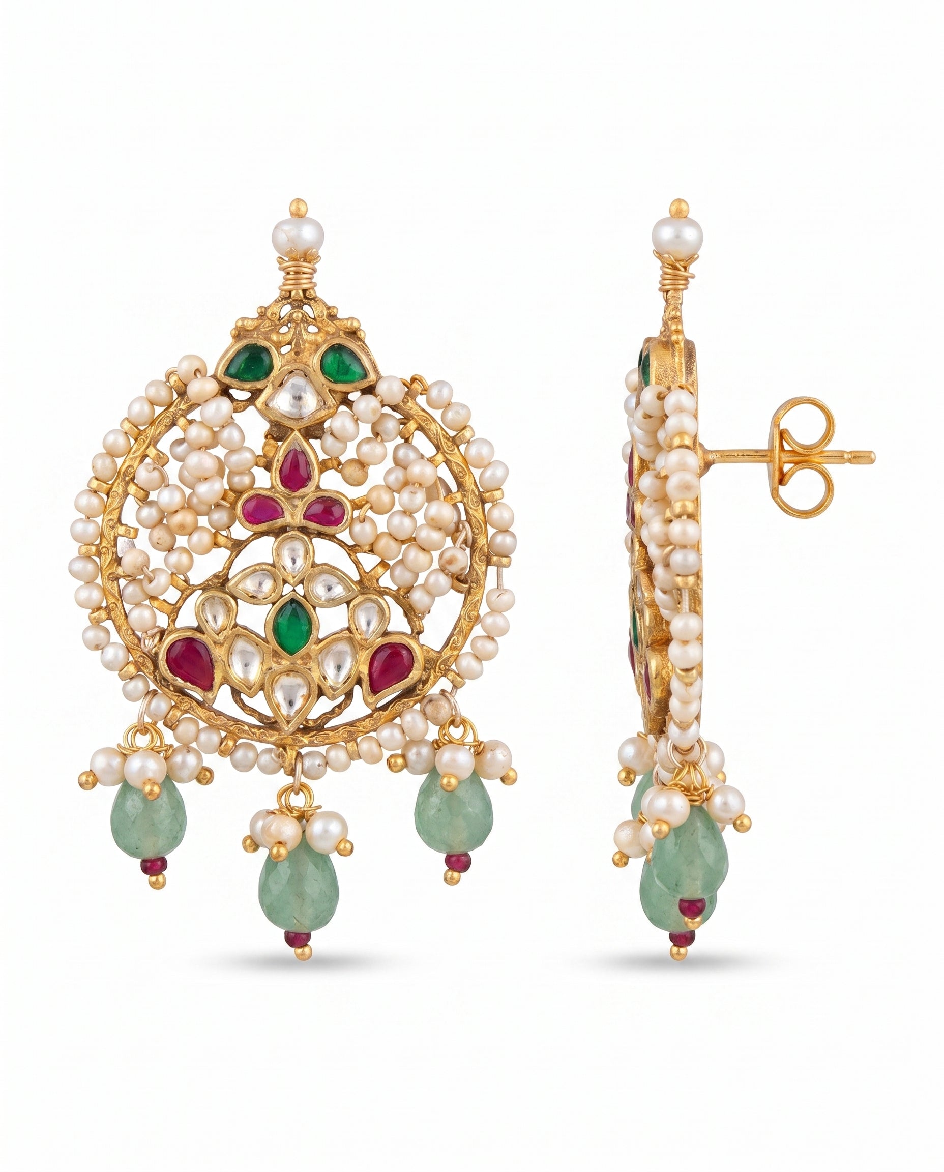 Kundan Pearl Disc Emerald Tassel Earrings