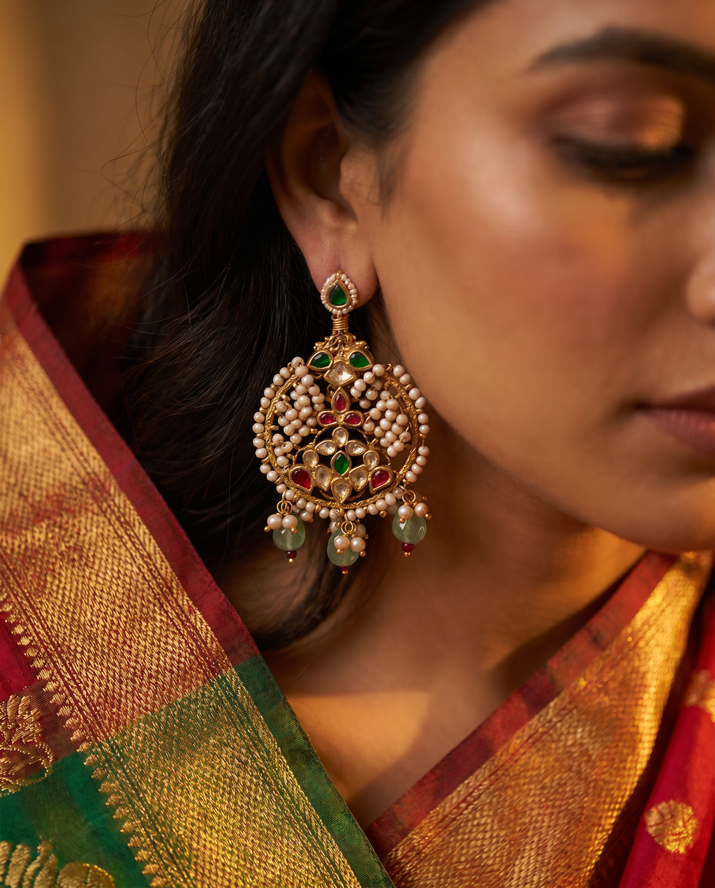 Kundan Pearl Disc Emerald Tassel Earrings