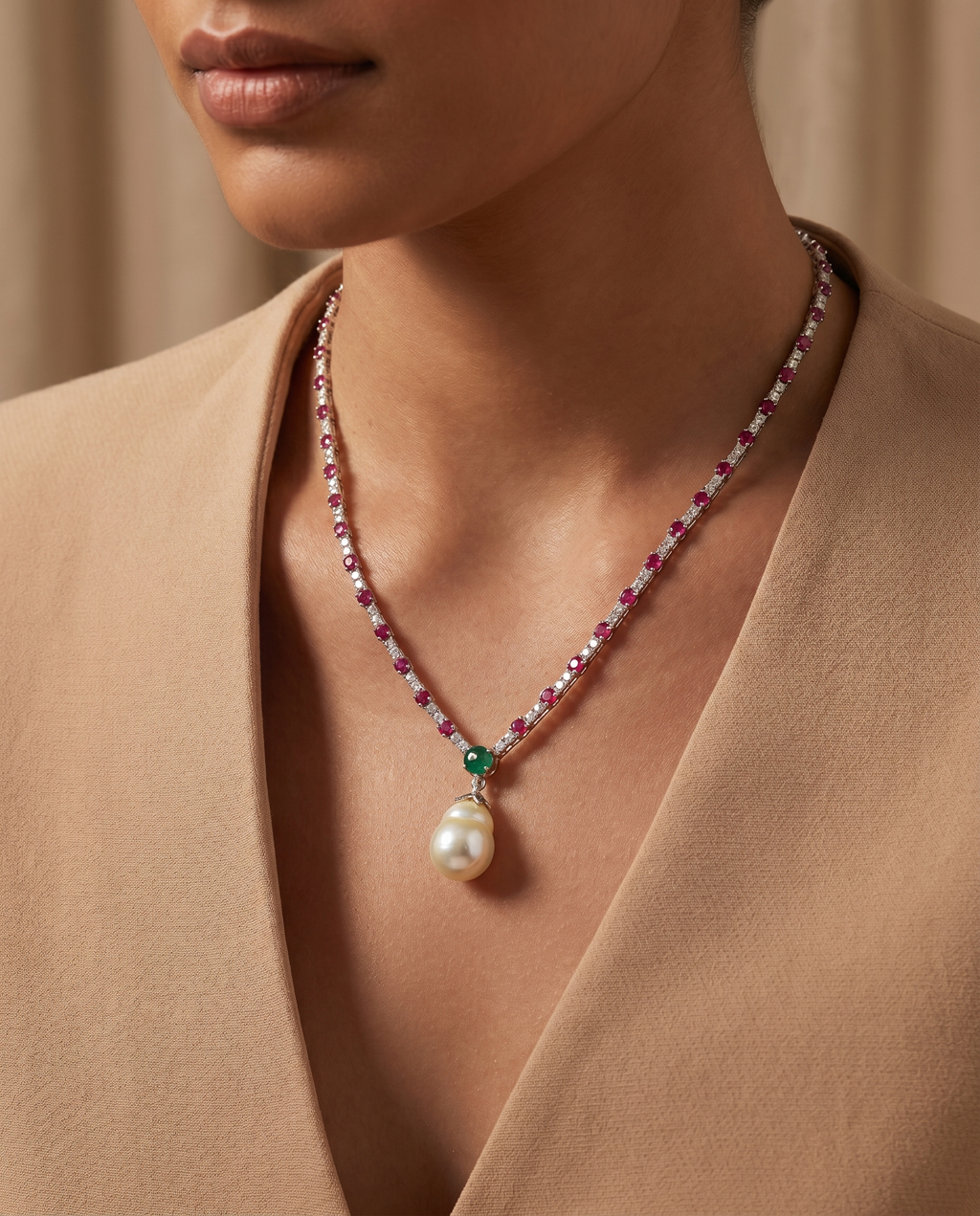 Ruby Emerald Pearl Necklace
