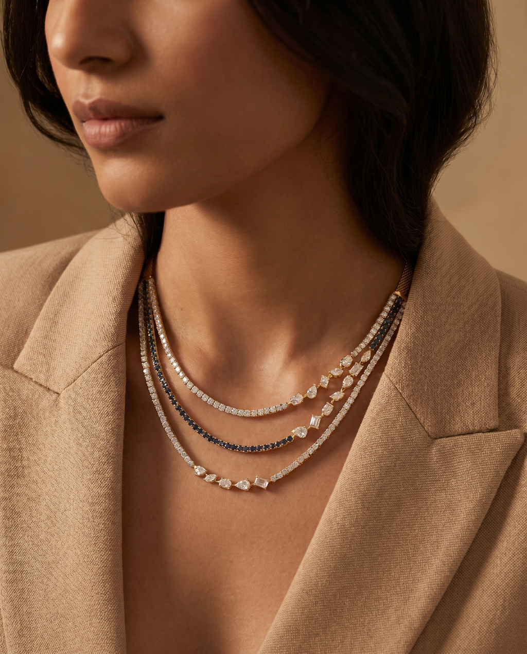 Triple Layer Midnight White Stone Necklace