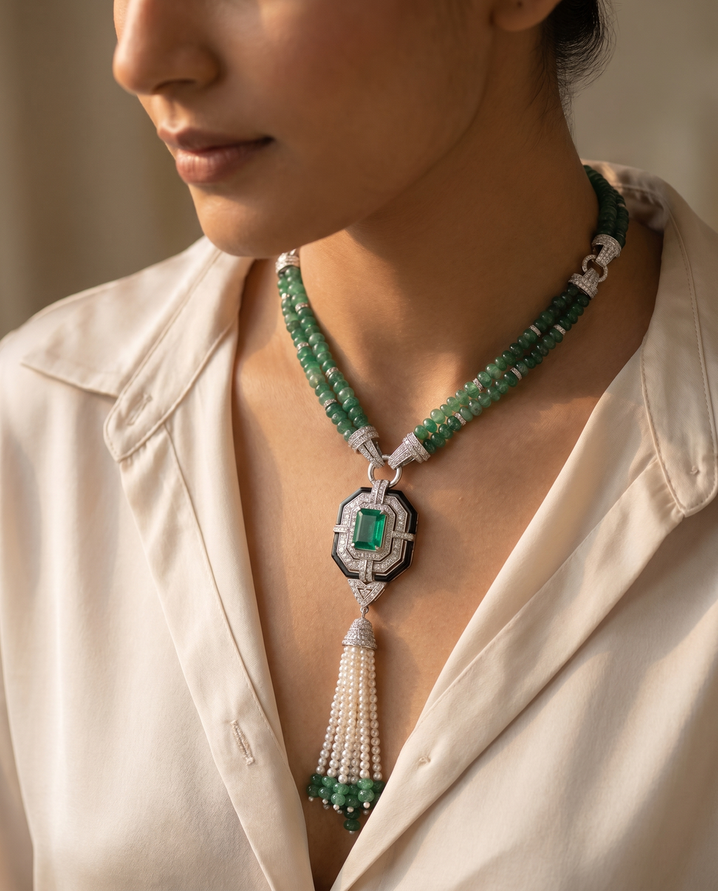 Green Bead Tassel Salar Necklace