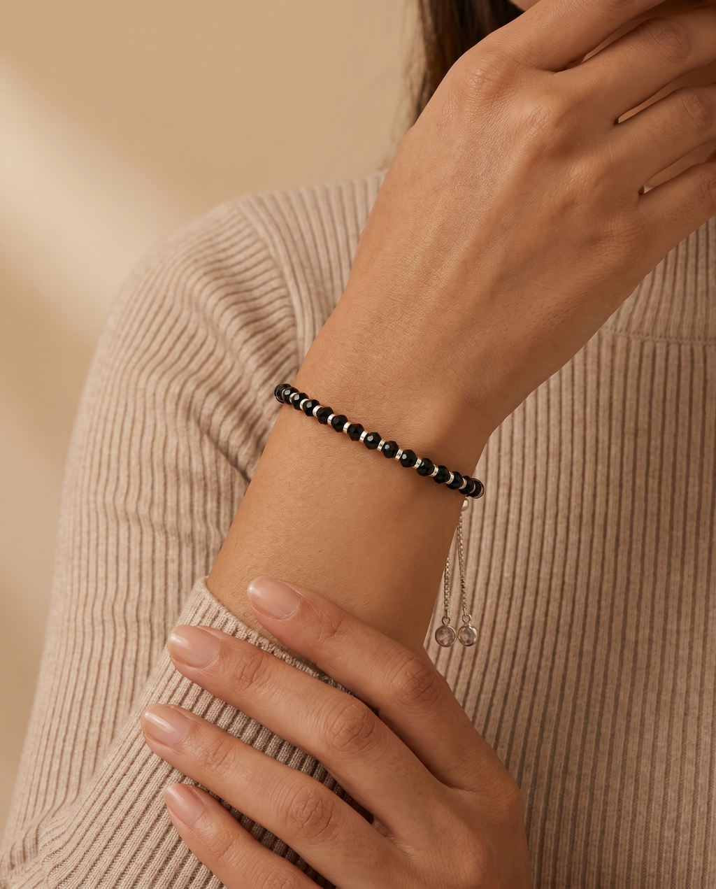 Black Crystal Silver Bolo Bracelet