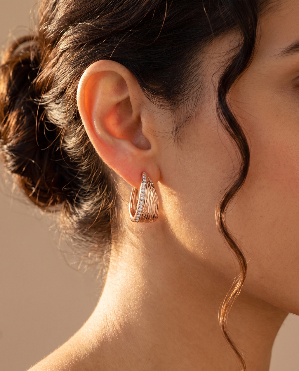 Ribbed Texture Pave Hoop Earrings