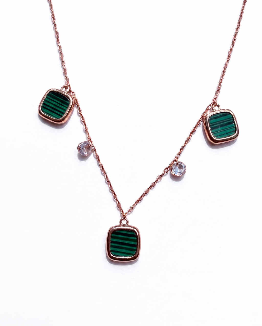 Green Stone Square Charm Station Necklace