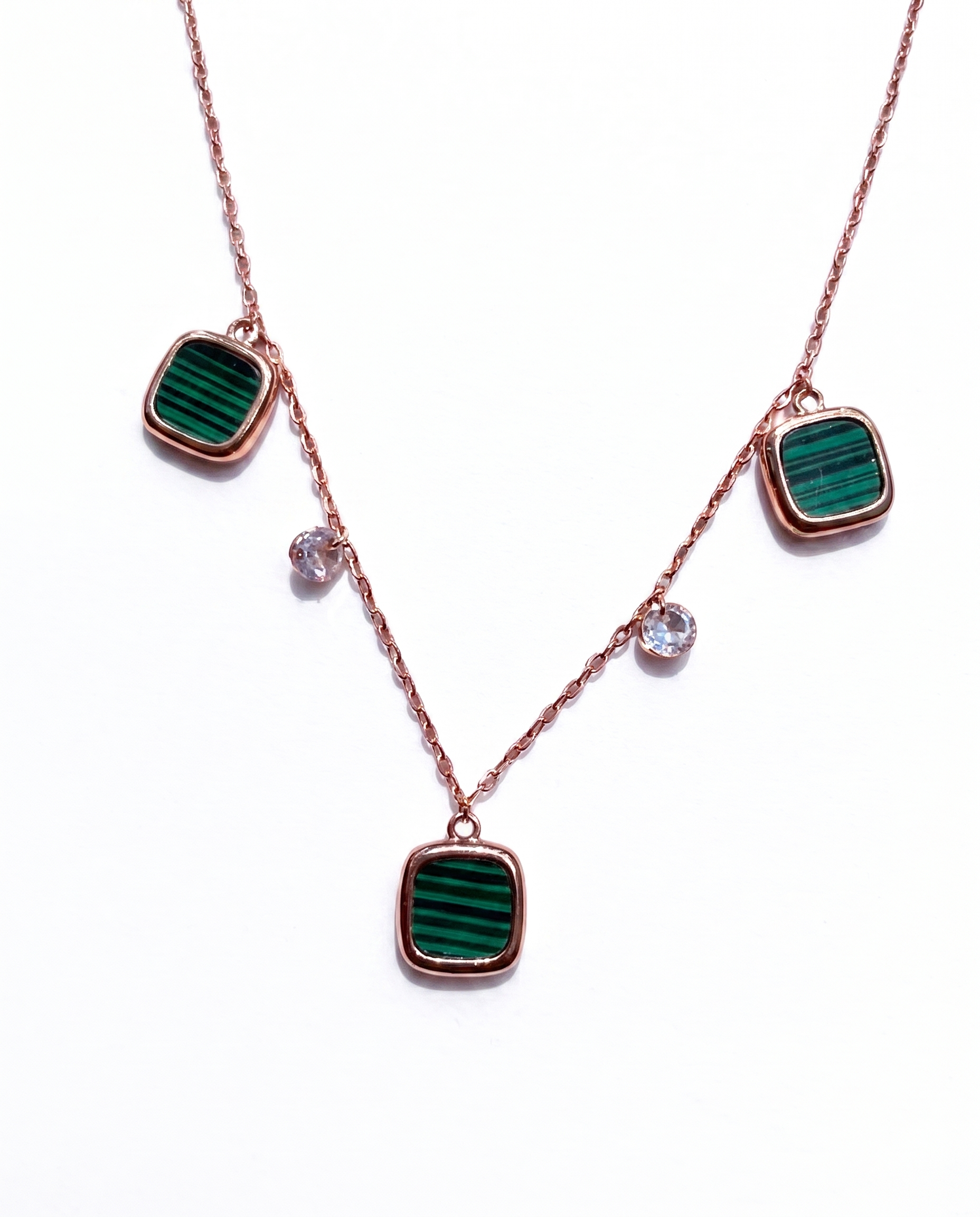 Green Stone Square Charm Station Necklace
