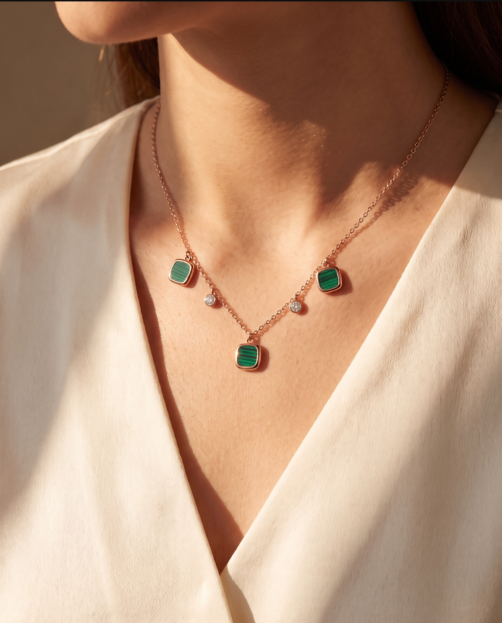 Green Stone Square Charm Station Necklace