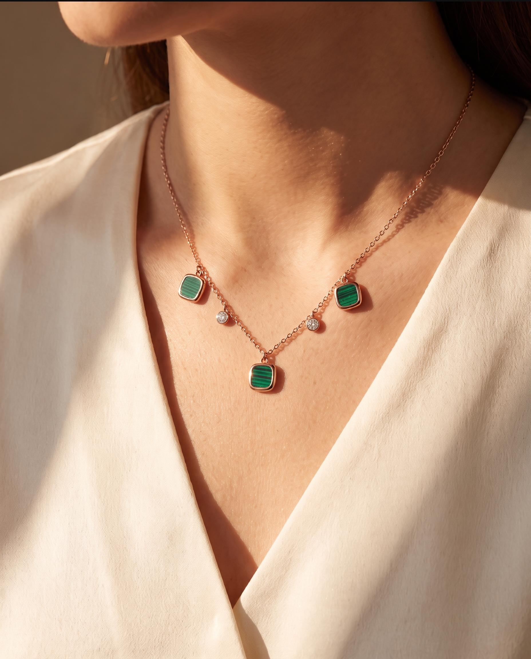 Green Stone Square Charm Station Necklace