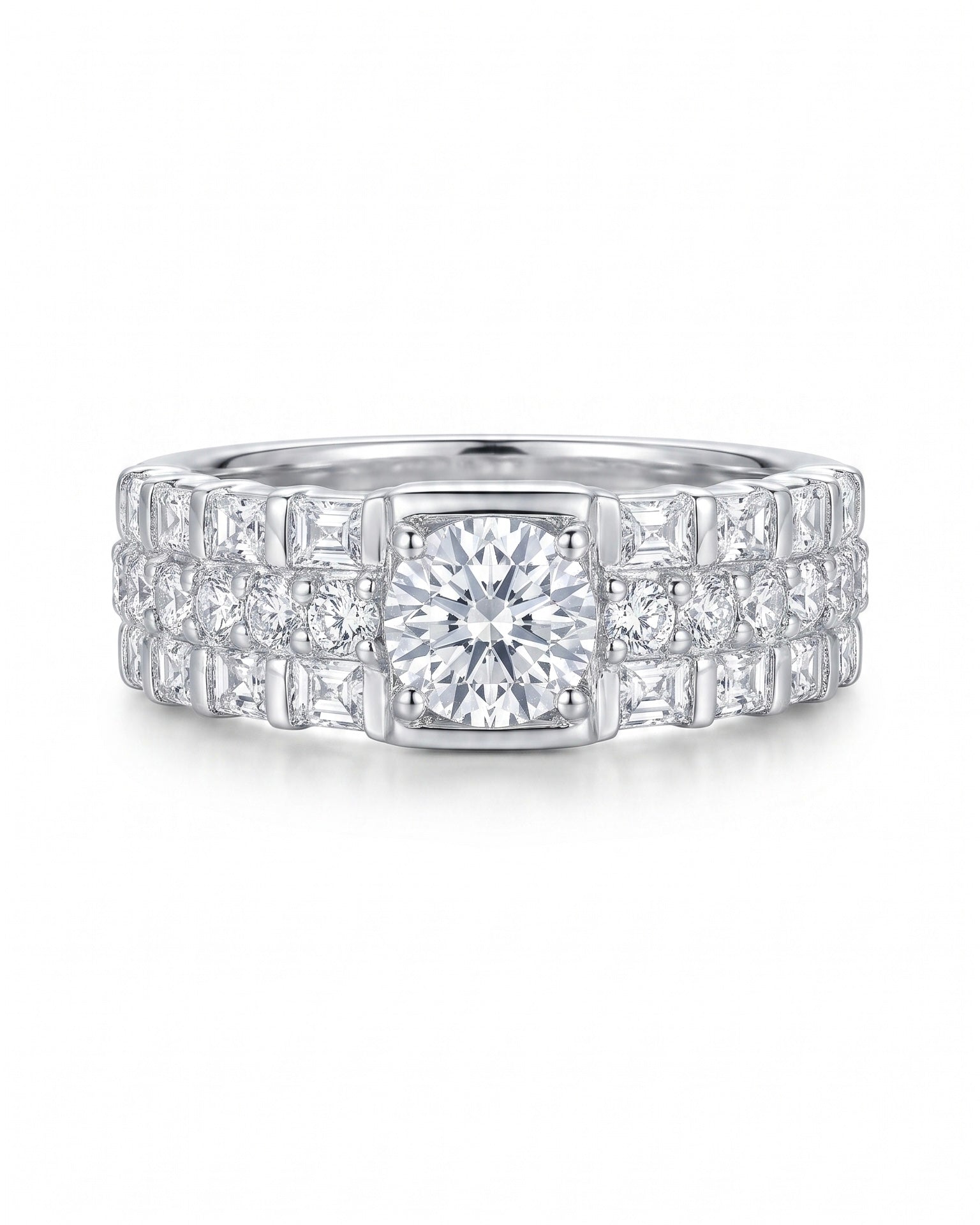 Triple Band Baguette & Round Cluster Ring