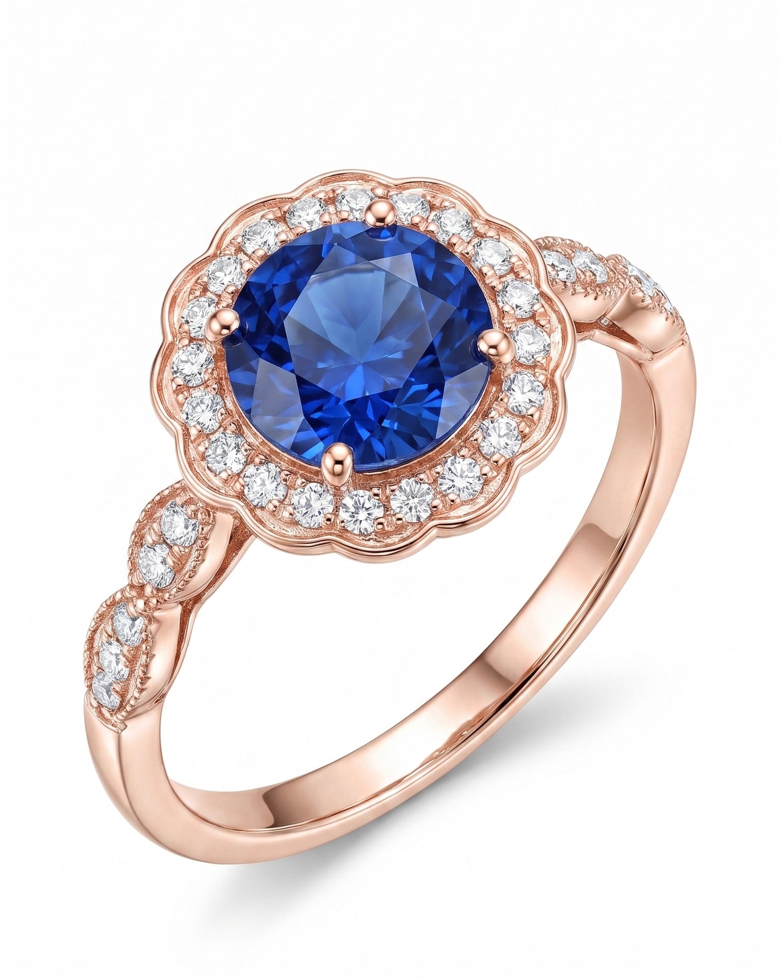 Scallop Halo Blue Stone Ring
