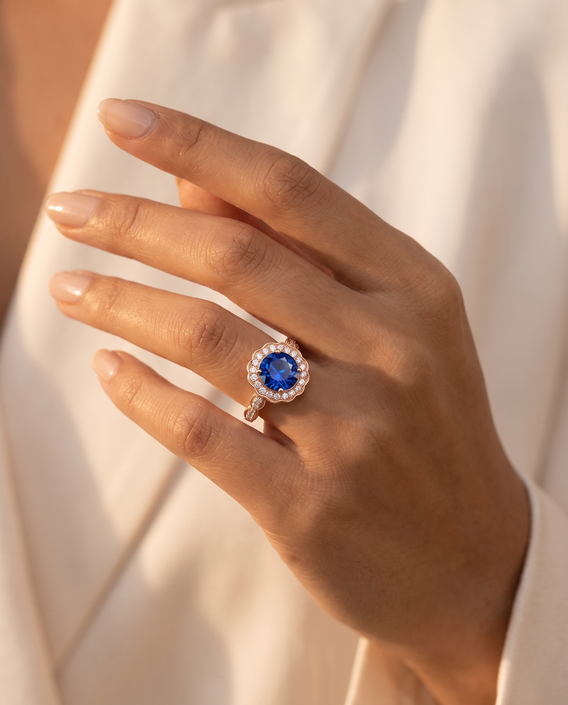 Scallop Halo Blue Stone Ring
