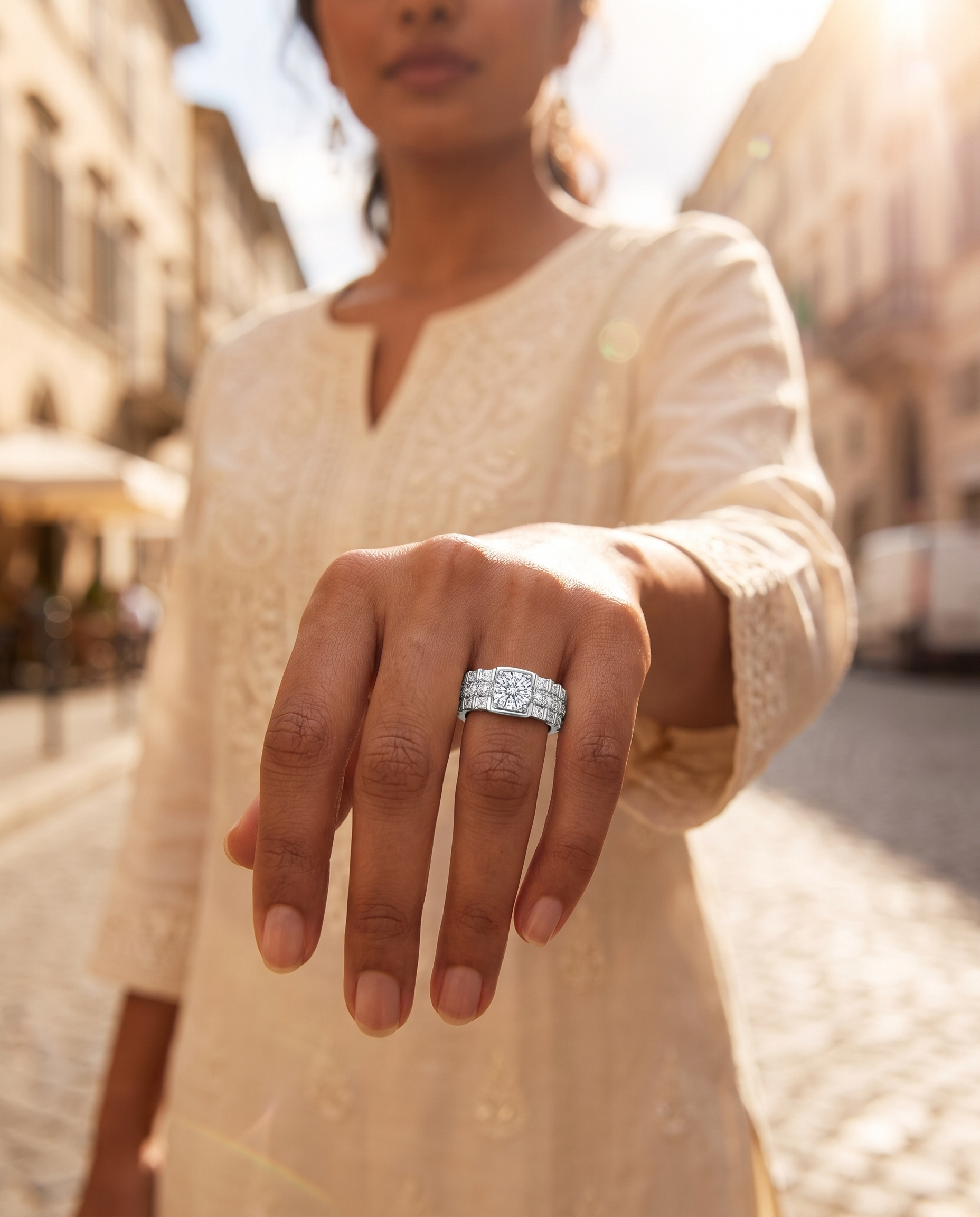 Triple Band Baguette & Round Cluster Ring