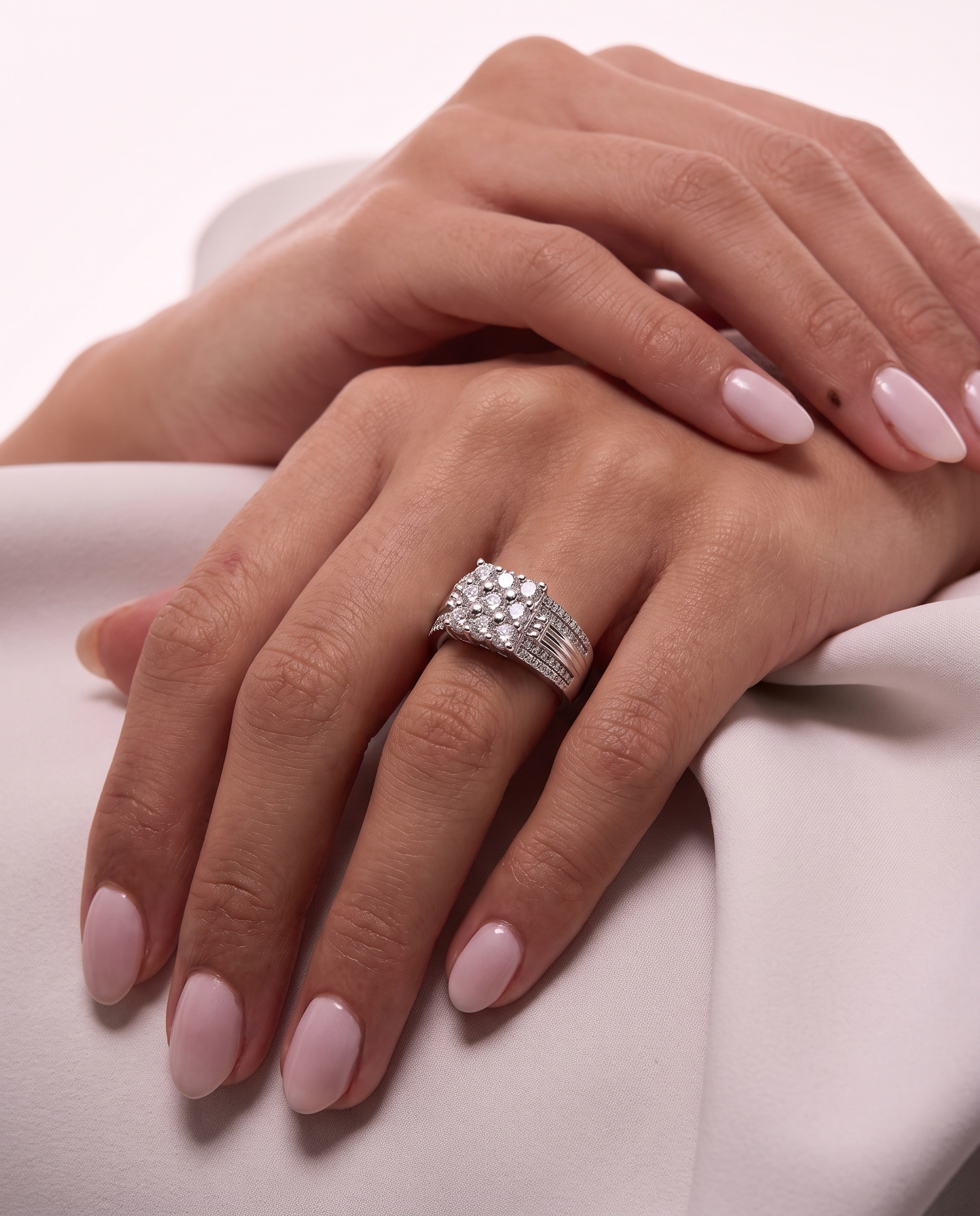 Square Cluster Wide Ribbed Band Ring
