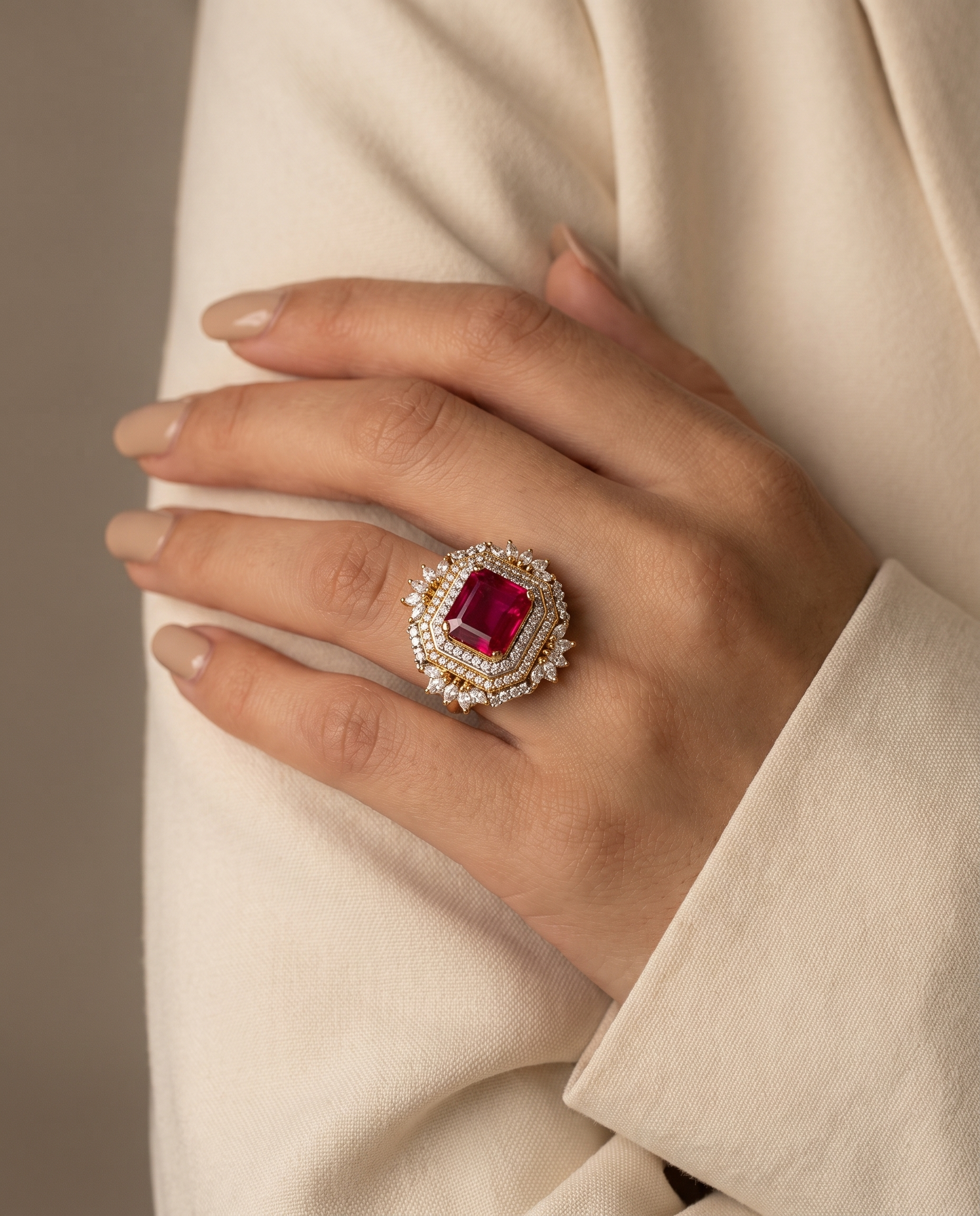 Emerald Cut Halo Statement Ring