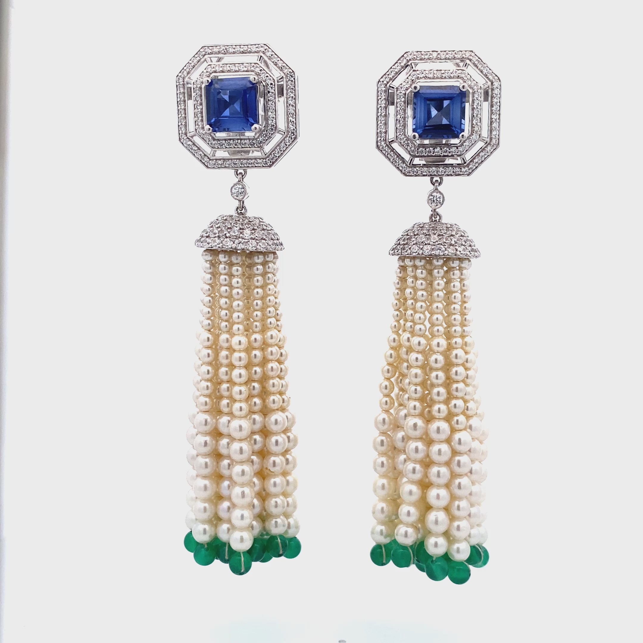 Sapphire Pearl Emerald Tassel Earrings