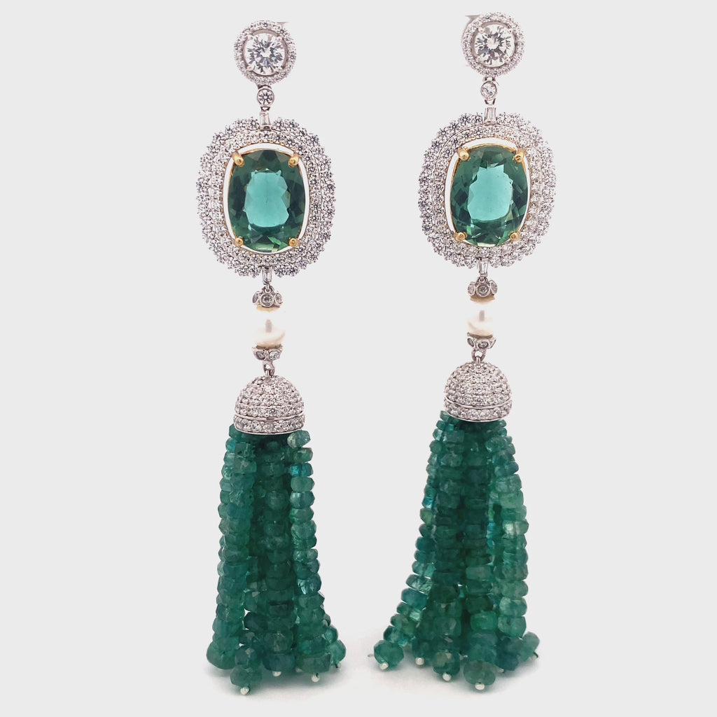Emerald Bead Pearl Tassel Earrings